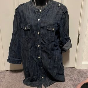 Dark Colored Jean Shirt no collar. 3/4 sleeve. Option to roll and button